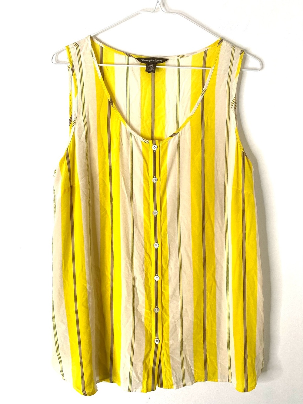 Tommy Bahama 100% Silk Yellow Cream Striped Button Front Tank Top Blouse